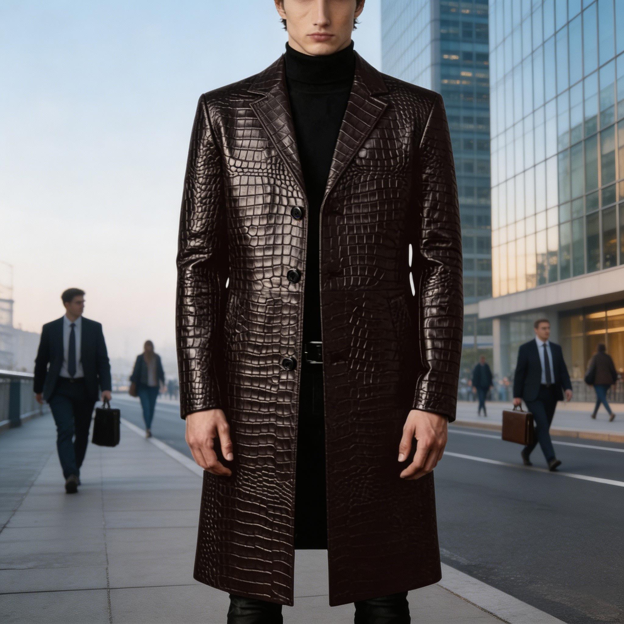 Men'S Grooming Oxford - Men Premium Crocodile Embossed Leather Trench